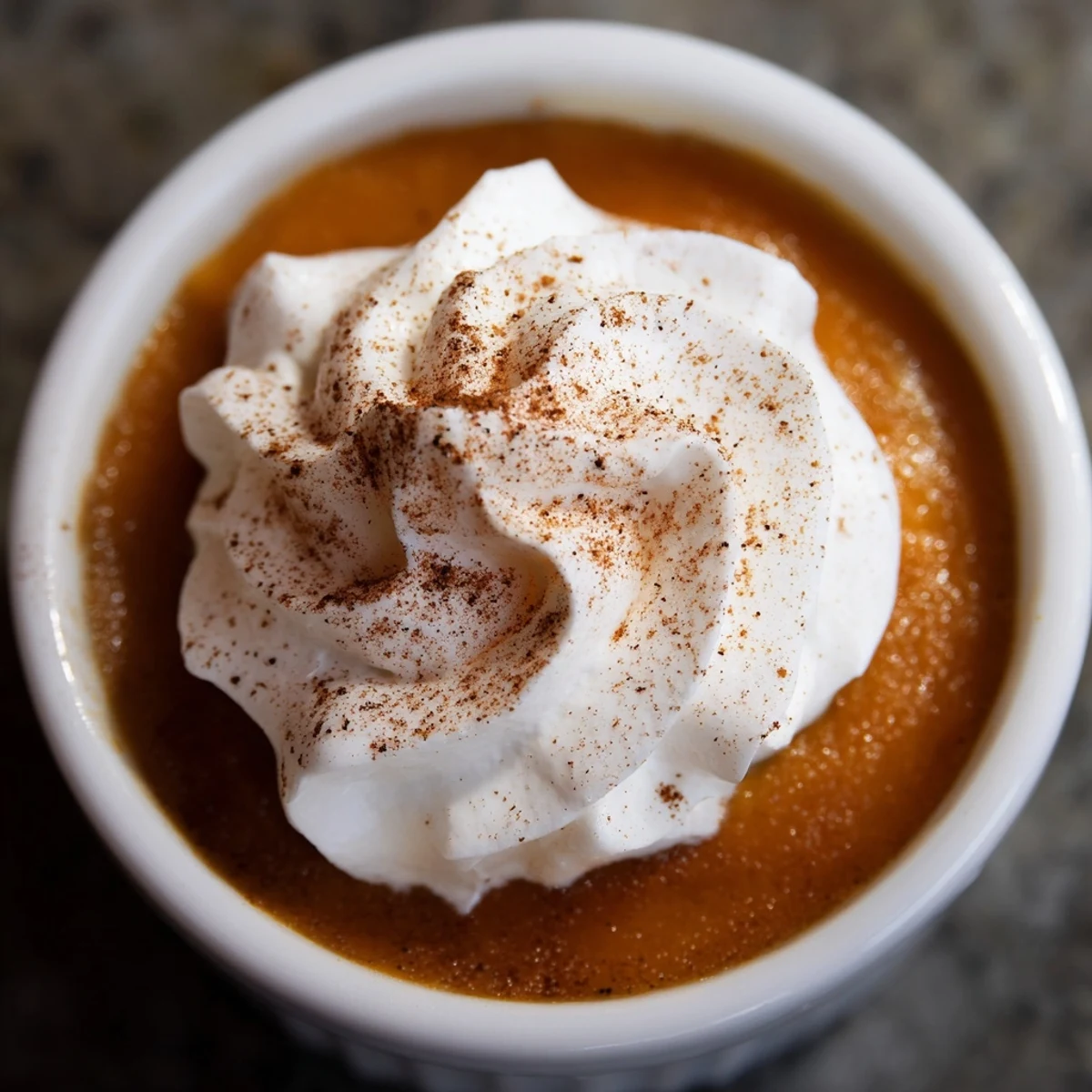 Creamy Effortless Baked Pumpkin Pudding in a white ramekin, paired with a warm cup of coffee for a cozy autumn treat.