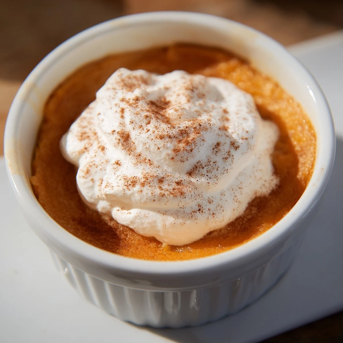 The smooth texture of Effortless Baked Pumpkin Pudding is highlighted by a dusting of cinnamon and a few toasted pecans.