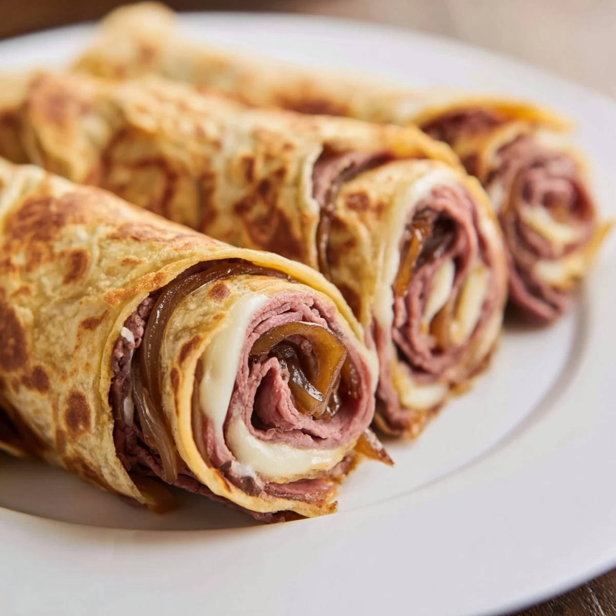 Golden-brown Easy French Dip Tortilla Roll Ups baked until crisp, with tender roast beef and melty provolone, served alongside a small bowl of warm au jus for dipping.