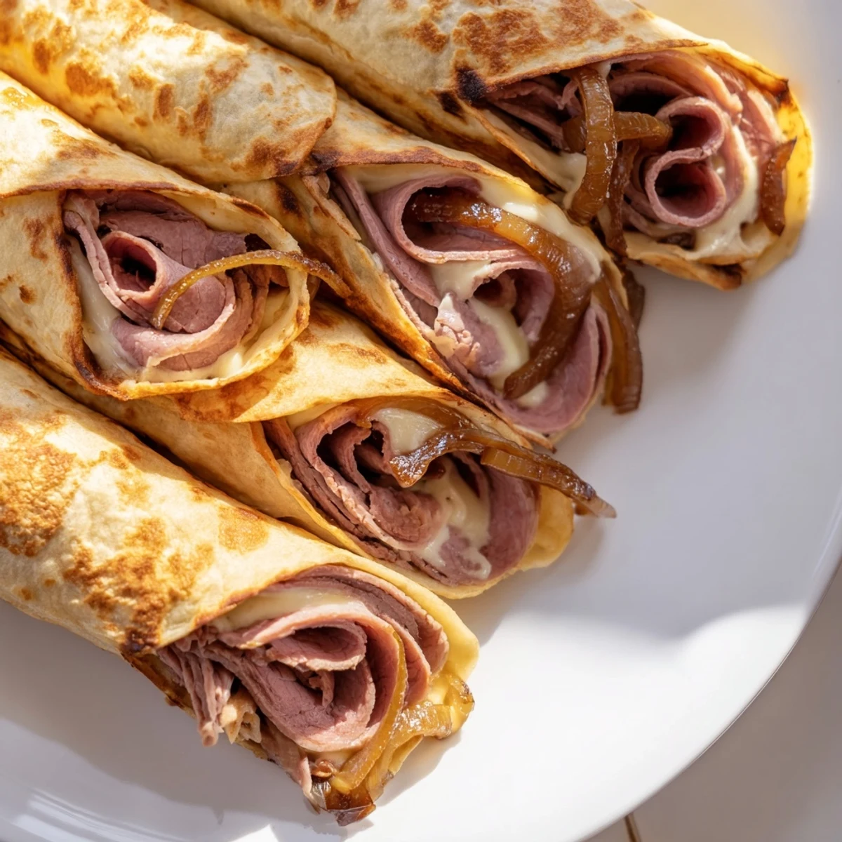 Crisp-baked Easy French Dip Tortilla Roll Ups stuffed with caramelized onions and roast beef, sliced to show melted cheese and presented on a rustic wooden board near dipping sauce.
