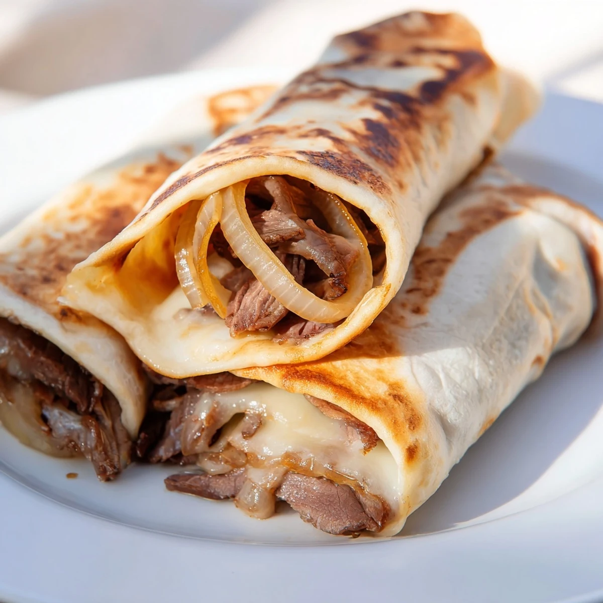 Savory Easy French Dip Tortilla Roll Ups on a white plate with a ramekin of steaming au jus, golden tortilla spirals revealing tender beef and onions inside for dipping.