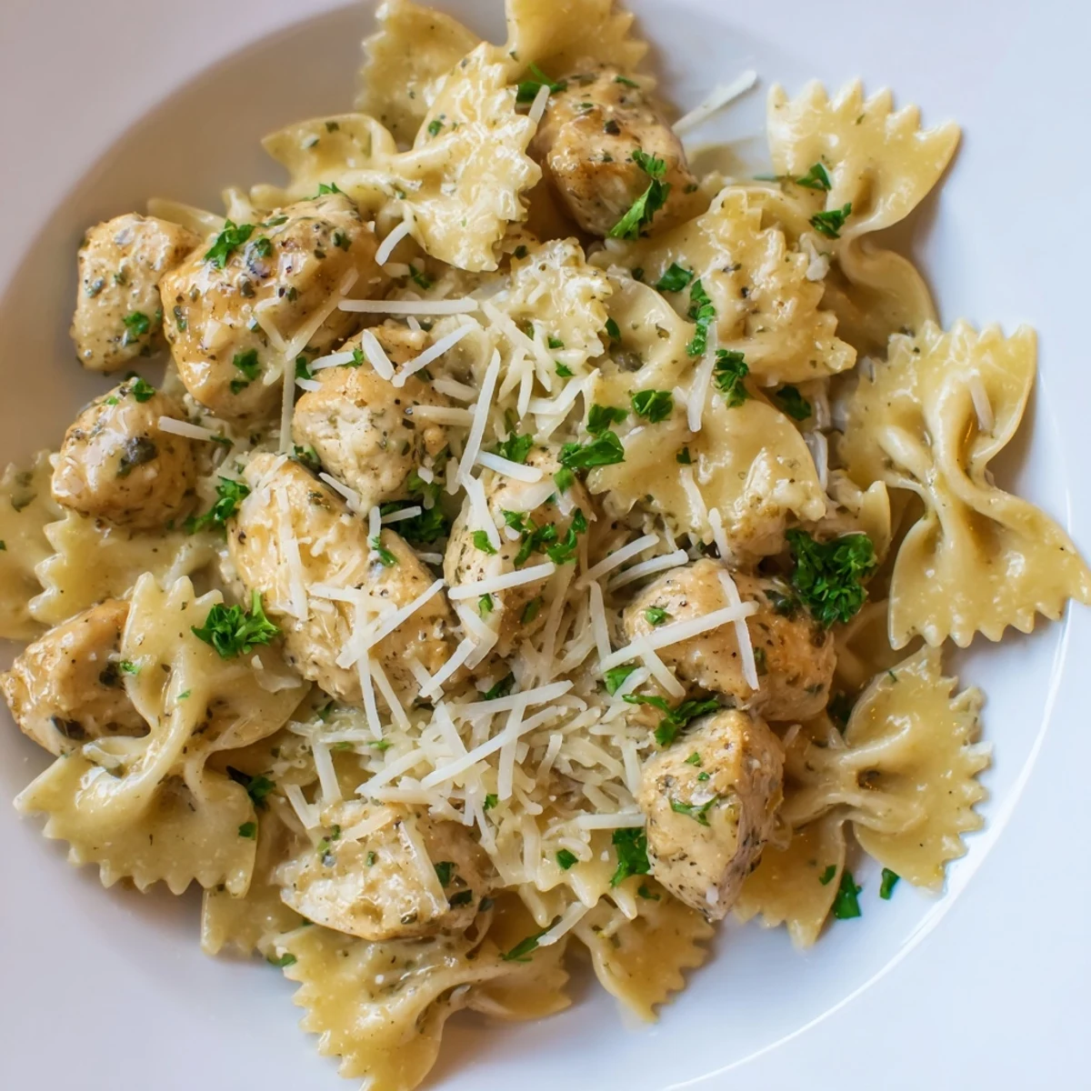 Golden pieces of tender chicken and bowtie pasta coated in a rich, creamy garlic butter mozzarella sauce.