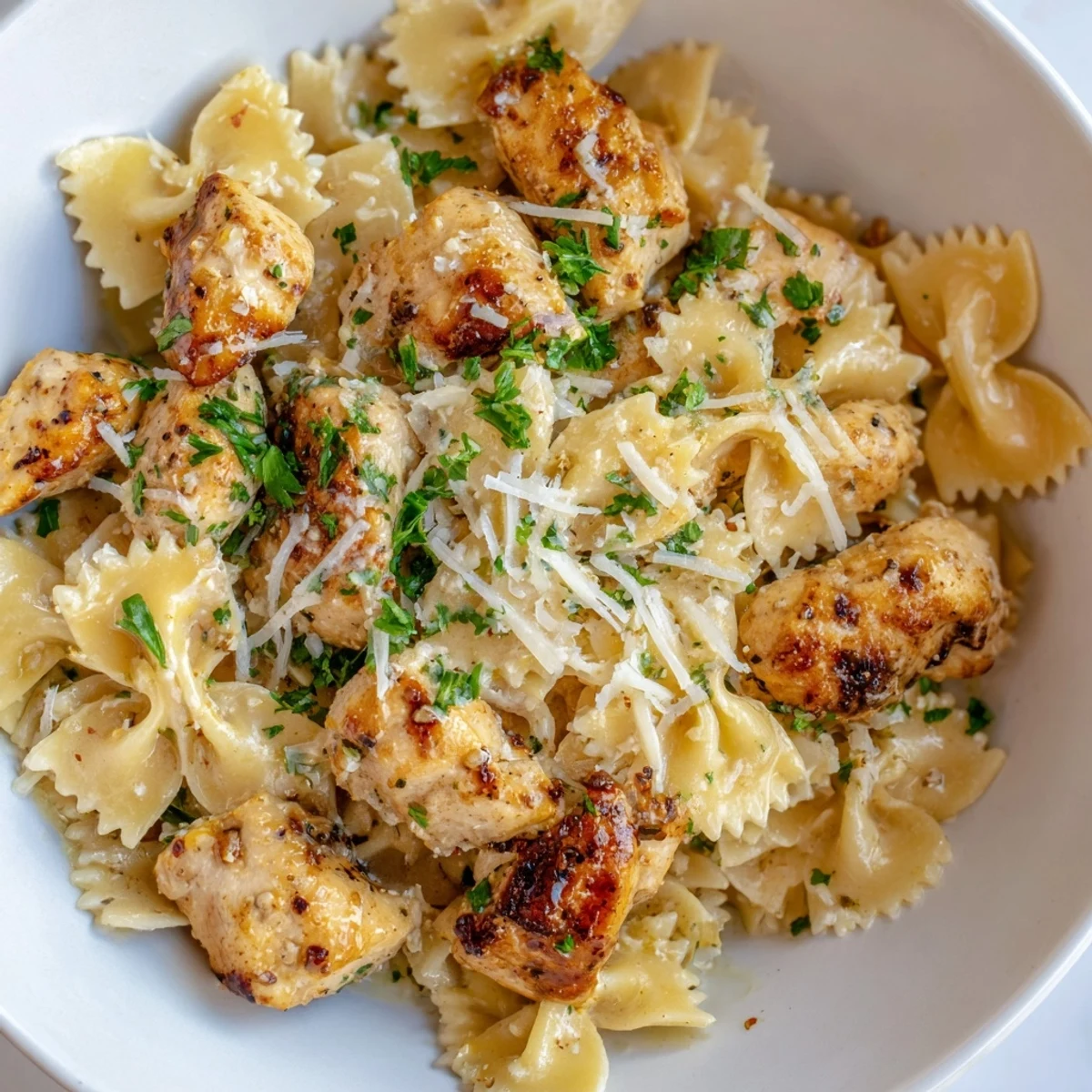 Served warm in a skillet, Mozzarella Garlic Butter Chicken Bowties in Cheesy Cream with melted mozzarella on top.