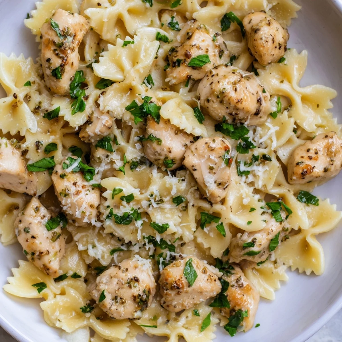 A close-up of Mozzarella Garlic Butter Chicken Bowties in Cheesy Cream beside fresh parsley and garlic cloves.