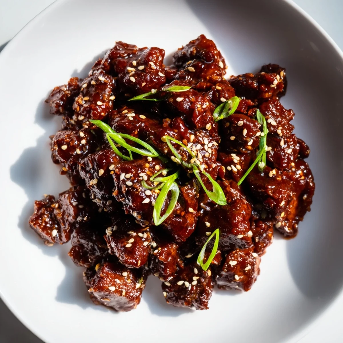 A slow cooker filled with saucy Crock Pot Korean Beef and onions, steaming aromatically on a kitchen counter.