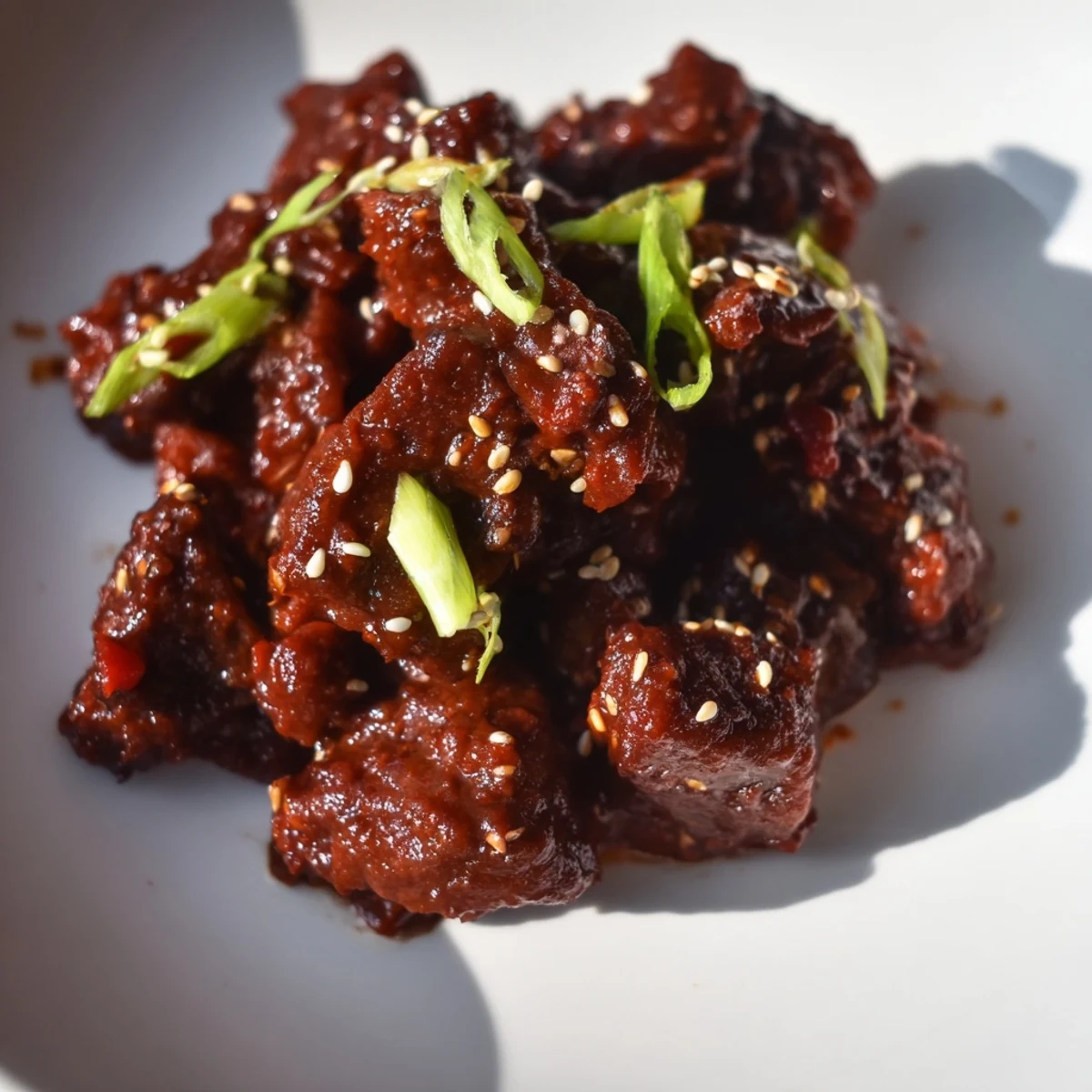 Close-up of tender Crock Pot Korean Beef served over fluffy white rice with green onions and sesame seeds.