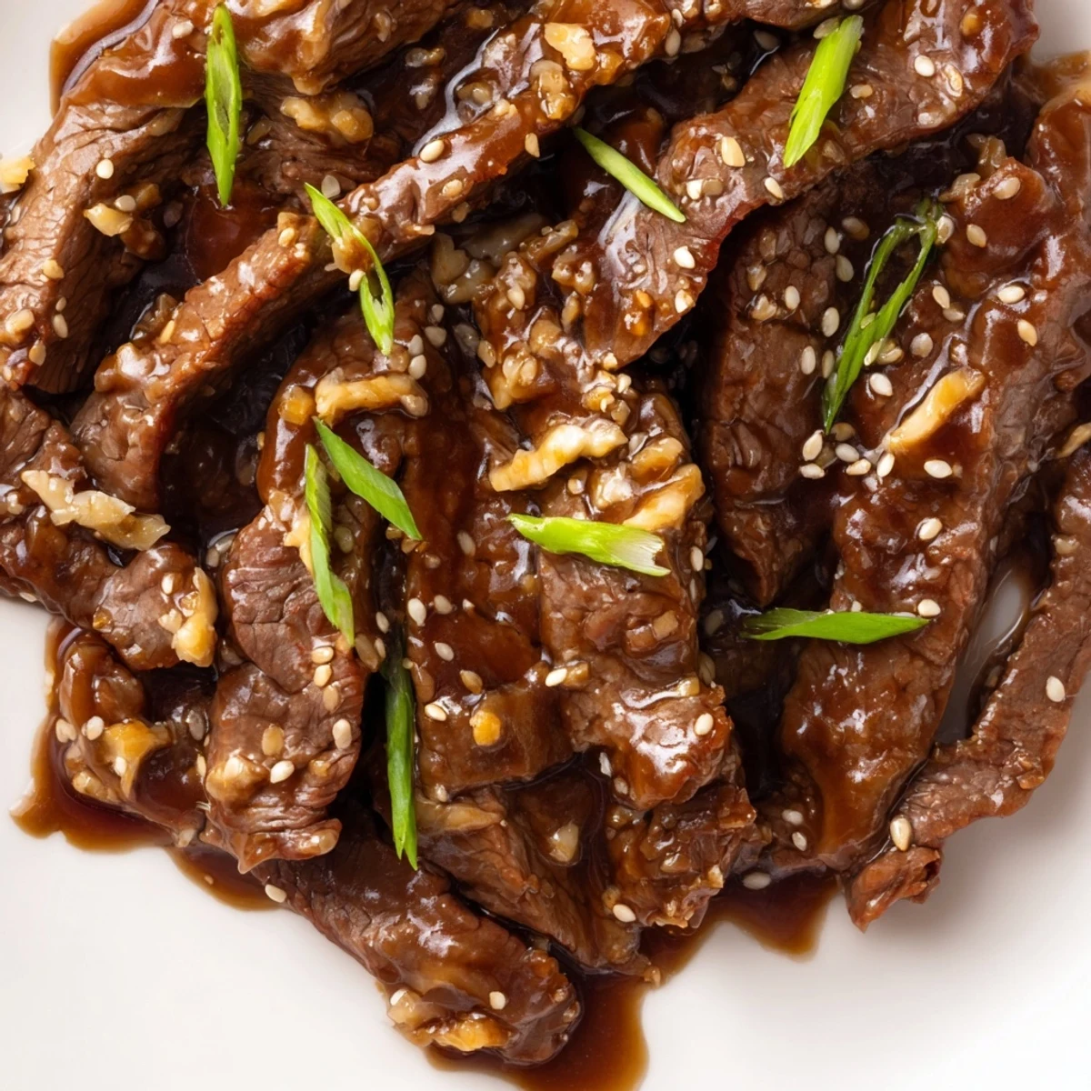 A close view of Ultimate Slow Cooker Mongolian Beef glazed in savory-sweet sauce on a dinner plate.