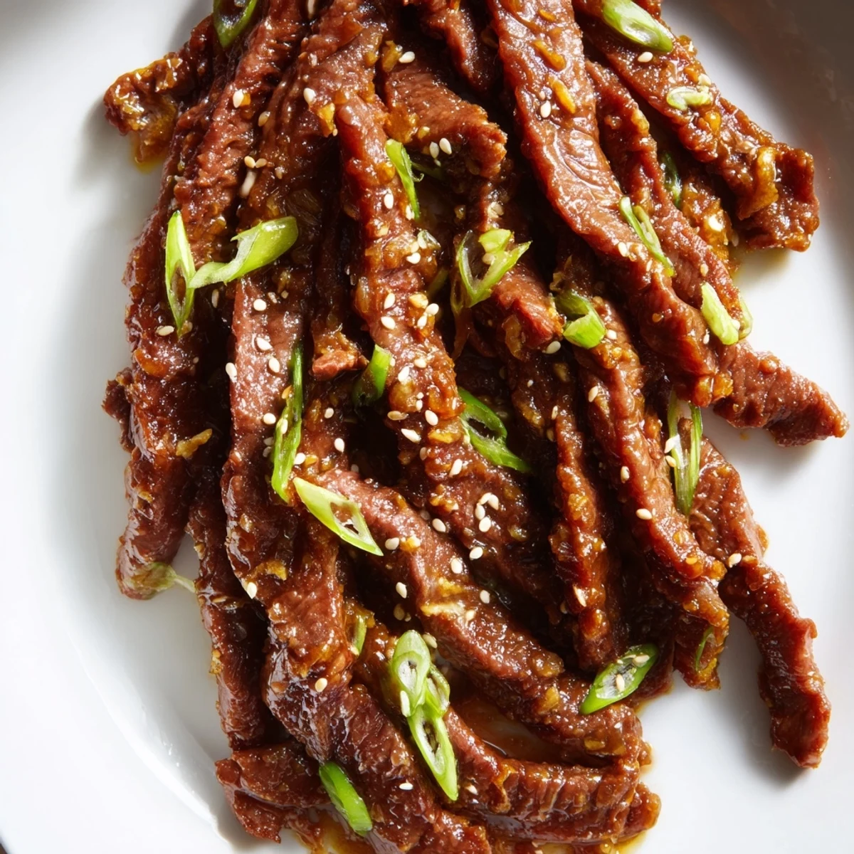 Savory Ultimate Slow Cooker Mongolian Beef served with chopsticks and sesame garnish for a takeout-style meal.