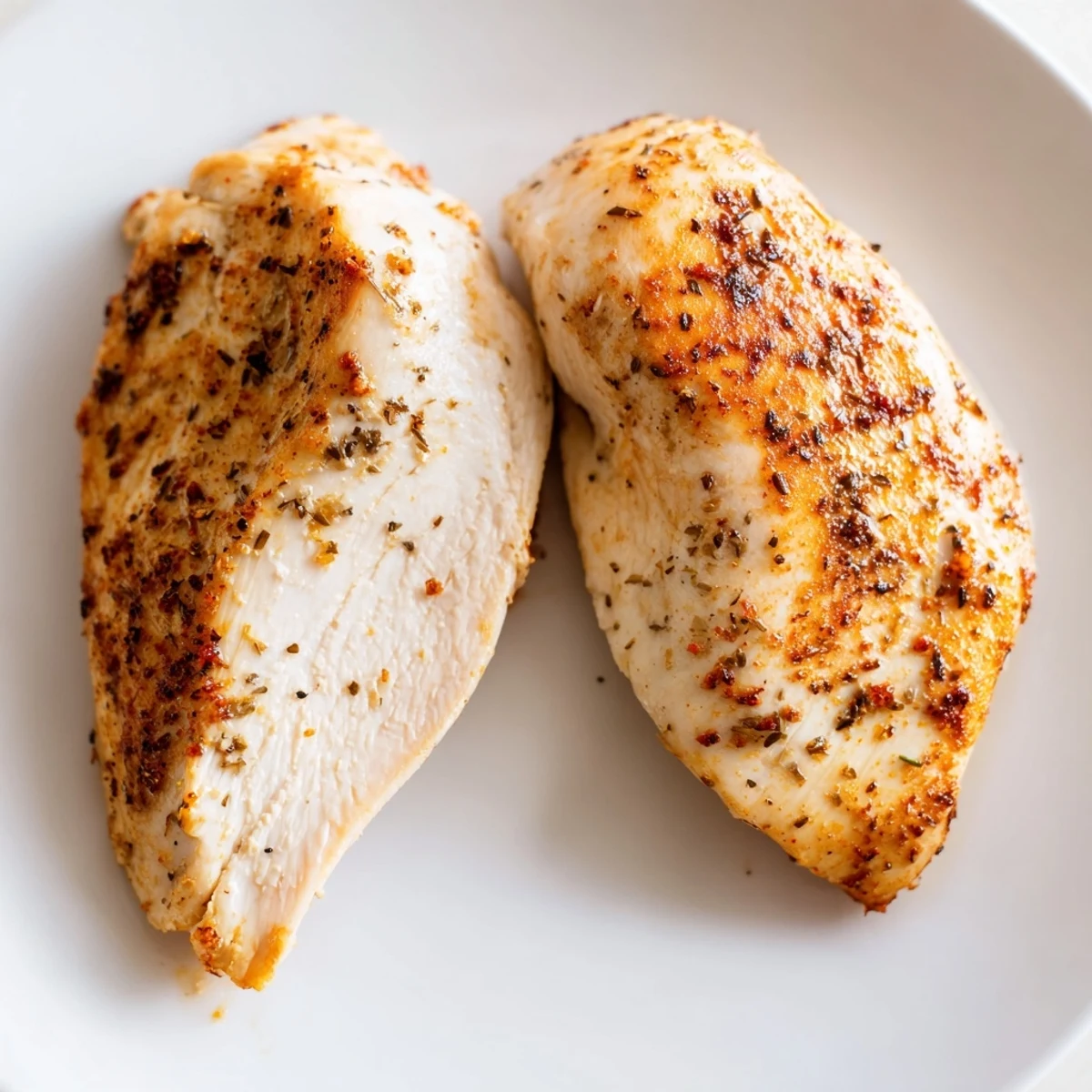Golden-brown Oven Baked Chicken Breasts sit on a white plate, garnished with fresh parsley and lemon wedges.  
