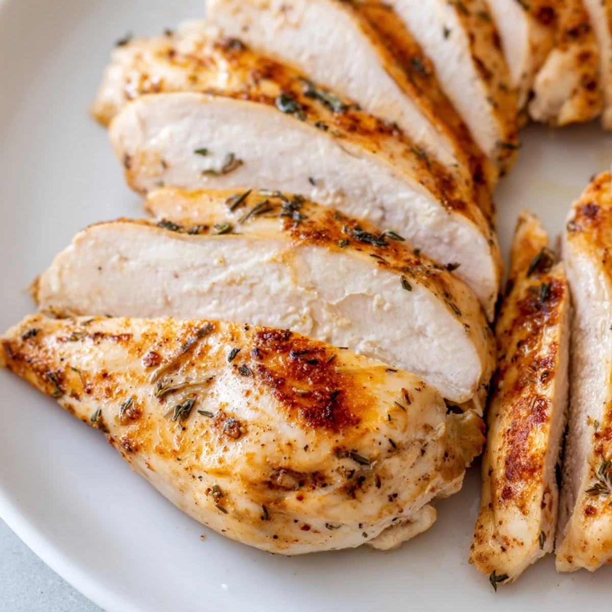 Four juicy Oven Baked Chicken Breasts are arranged on a baking sheet with herbs and spices visible.  