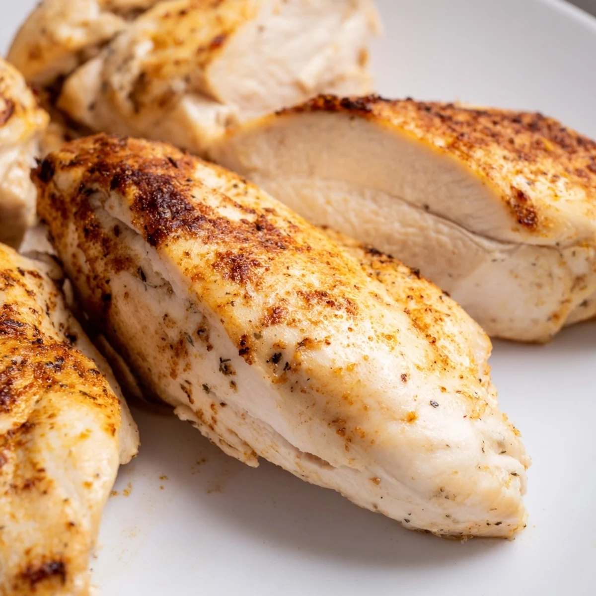 Close-up of tender, sliced Oven Baked Chicken Breasts served alongside roasted vegetables on a dinner plate.