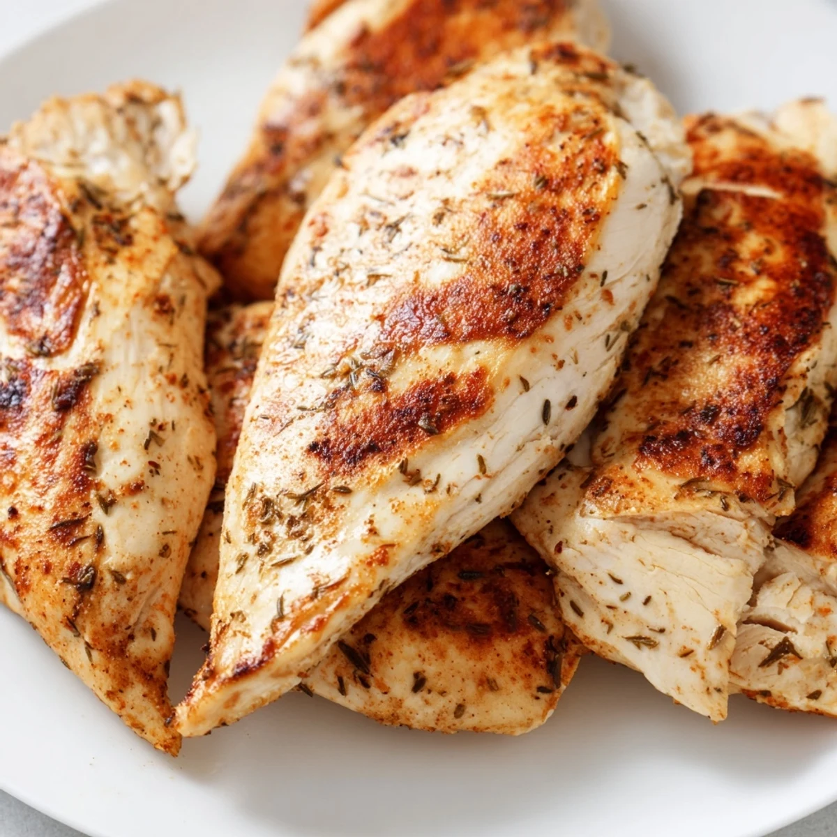 Golden-brown Oven Baked Chicken Breasts rest on a white plate, garnished with fresh parsley and lemon wedges for a fresh finish.