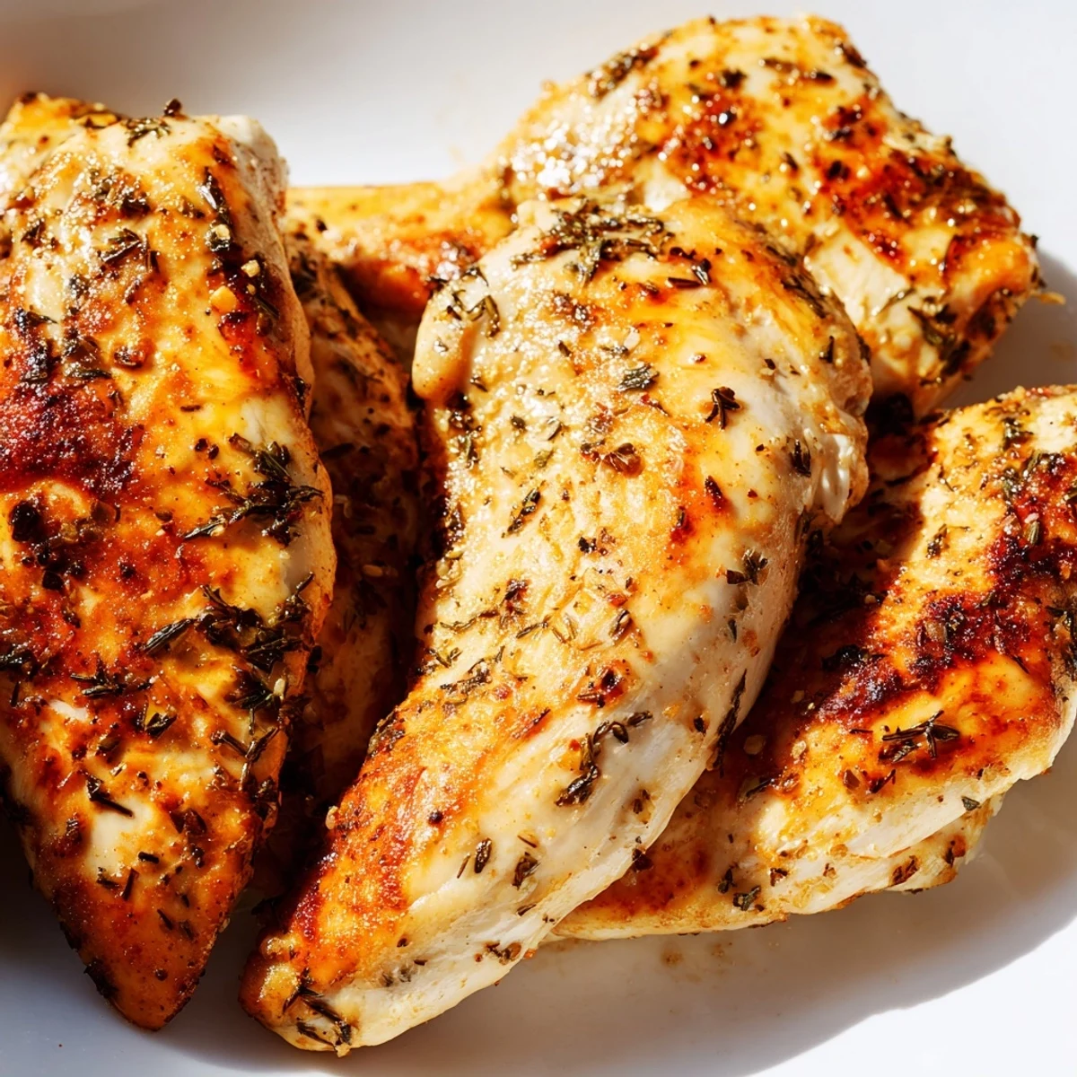 Perfectly seasoned Oven Baked Chicken Breasts are sliced to show their juicy interior, arranged on a bed of fluffy white rice.