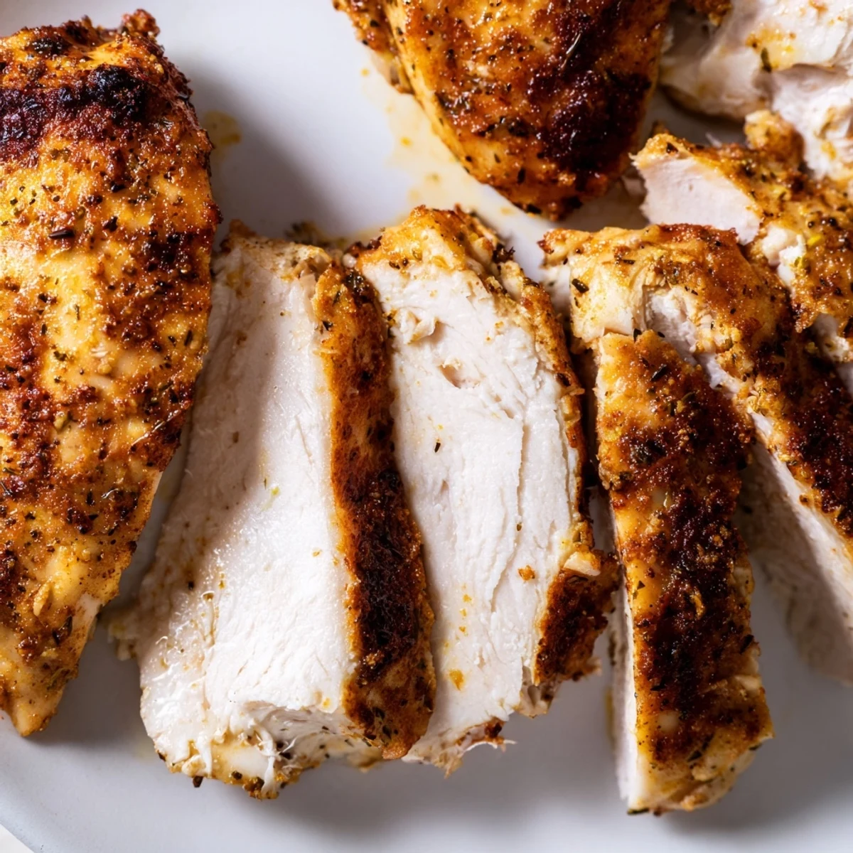 Tender, juicy Oven Baked Chicken Breasts are served alongside colorful roasted vegetables like carrots and broccoli on a rustic wooden table.