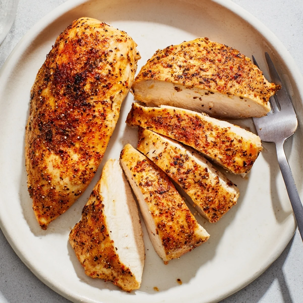Juicy Oven Baked Chicken Breasts sliced on a plate, showing tender meat alongside roasted vegetables for a healthy dinner.