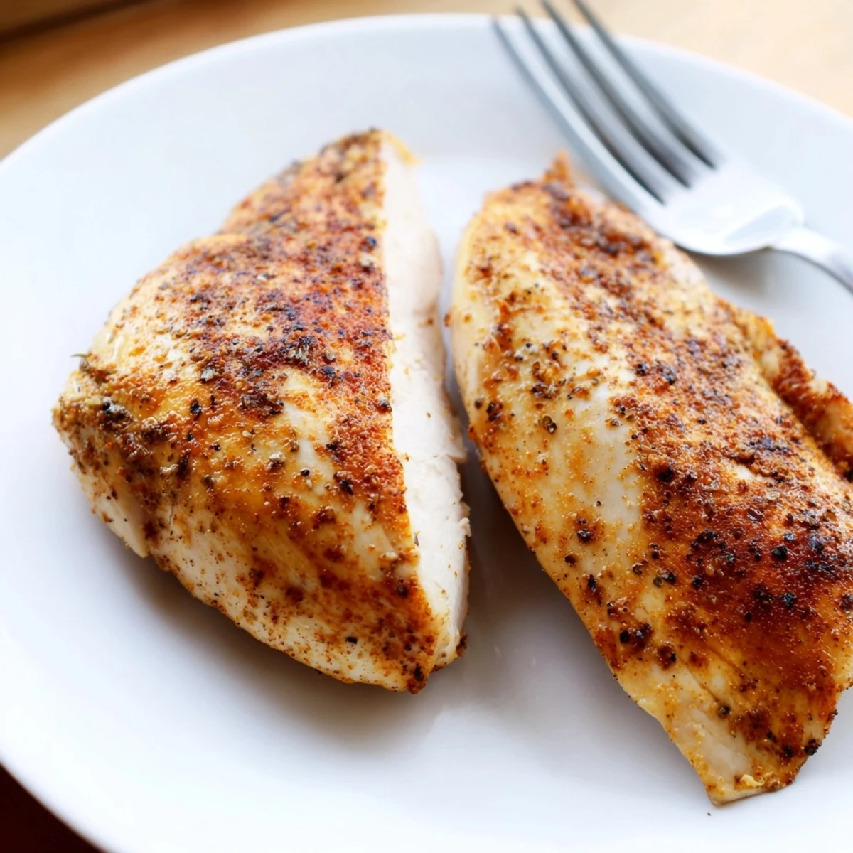 Golden-brown Oven Baked Chicken Breasts fresh from the oven, garnished with parsley and served with lemon wedges.