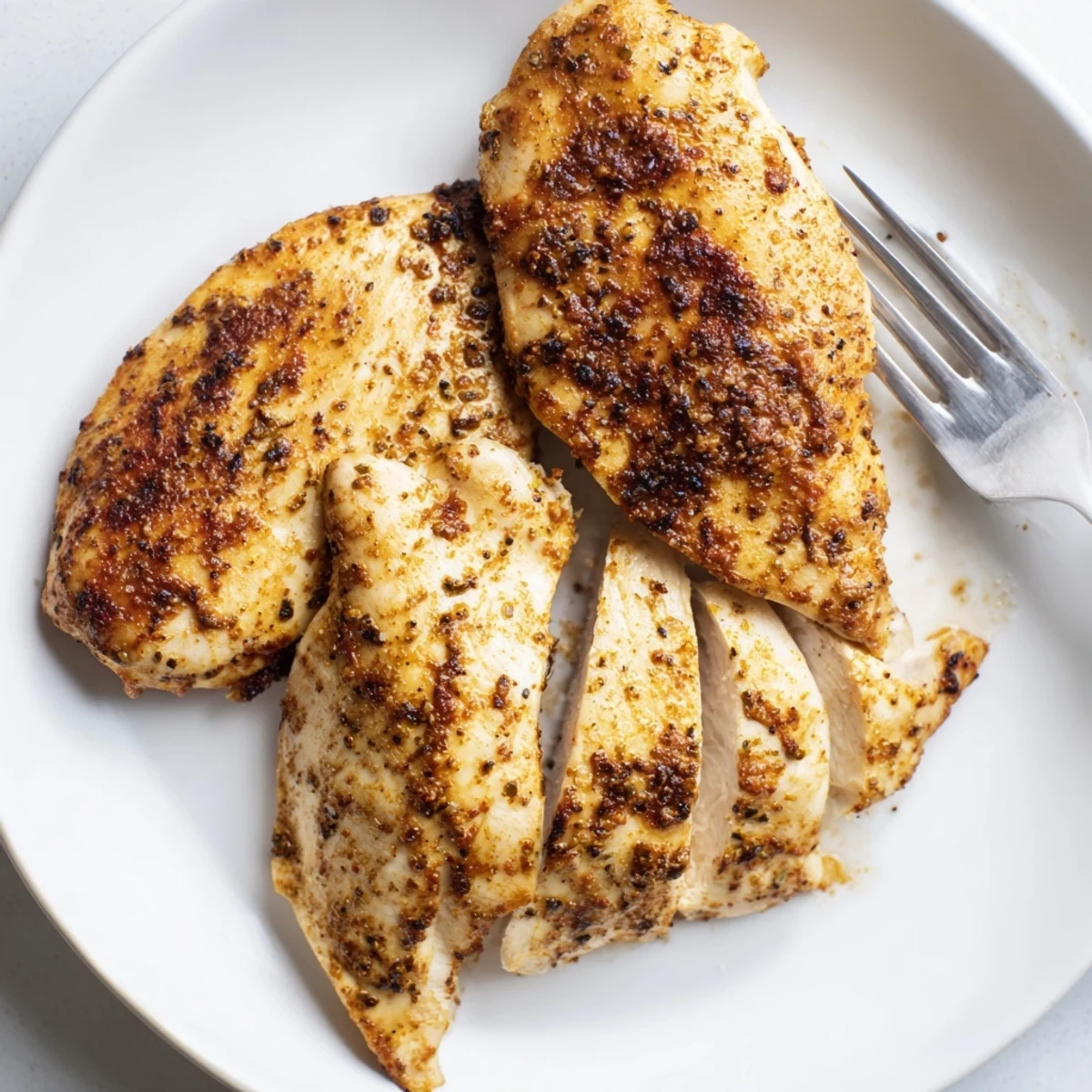 Perfectly seasoned Oven Baked Chicken Breasts on a baking sheet, with smoky paprika and herbs ready to be served.