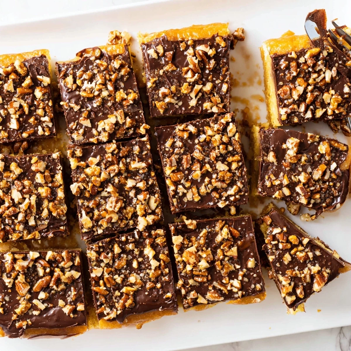 A close-up of rich Cake Mix Toffee Bars with pecan pieces and a chewy texture on a marble countertop.