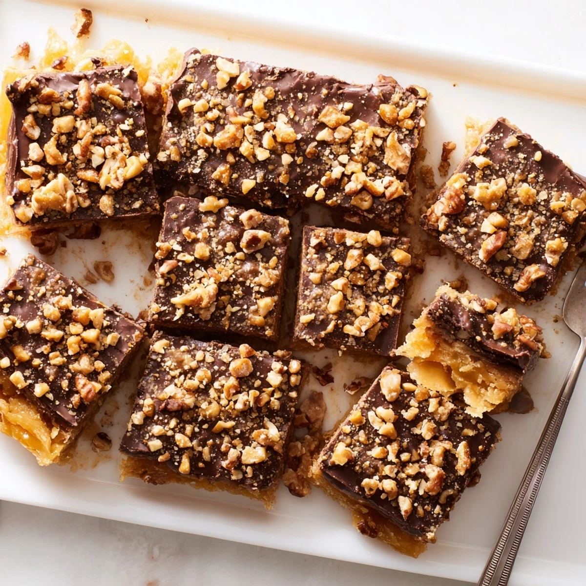 Served on a white plate, moist Cake Mix Toffee Bars with gooey toffee and chocolate drizzle, perfect for a quick dessert.