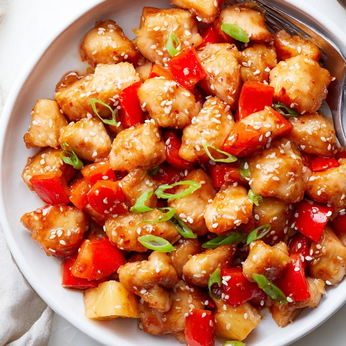 Golden-brown Sticky Pineapple Chicken pieces glistening with sweet and tangy sauce, served over fluffy white rice and topped with green onions.