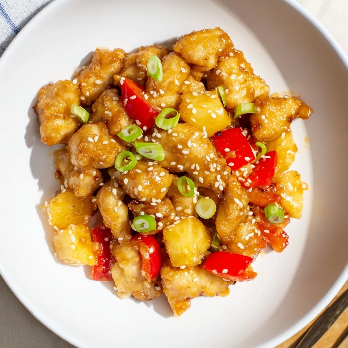 A close-up of Sticky Pineapple Chicken in a skillet, featuring juicy pineapple chunks and vibrant red bell peppers in a thick, glossy glaze.