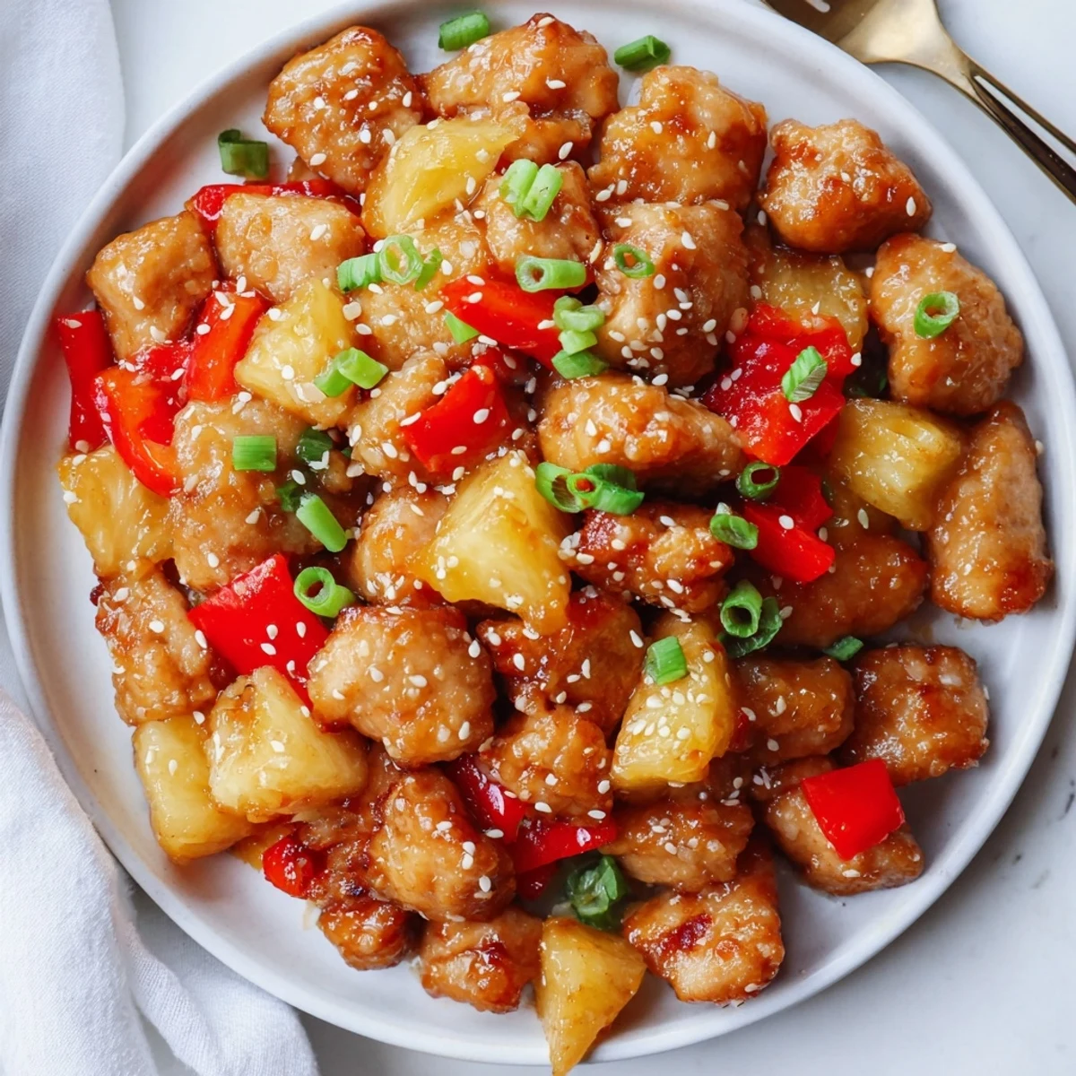 Overhead view of Sticky Pineapple Chicken, garnished with sesame seeds and fresh herbs, ready to be enjoyed with chopsticks on a dinner table.