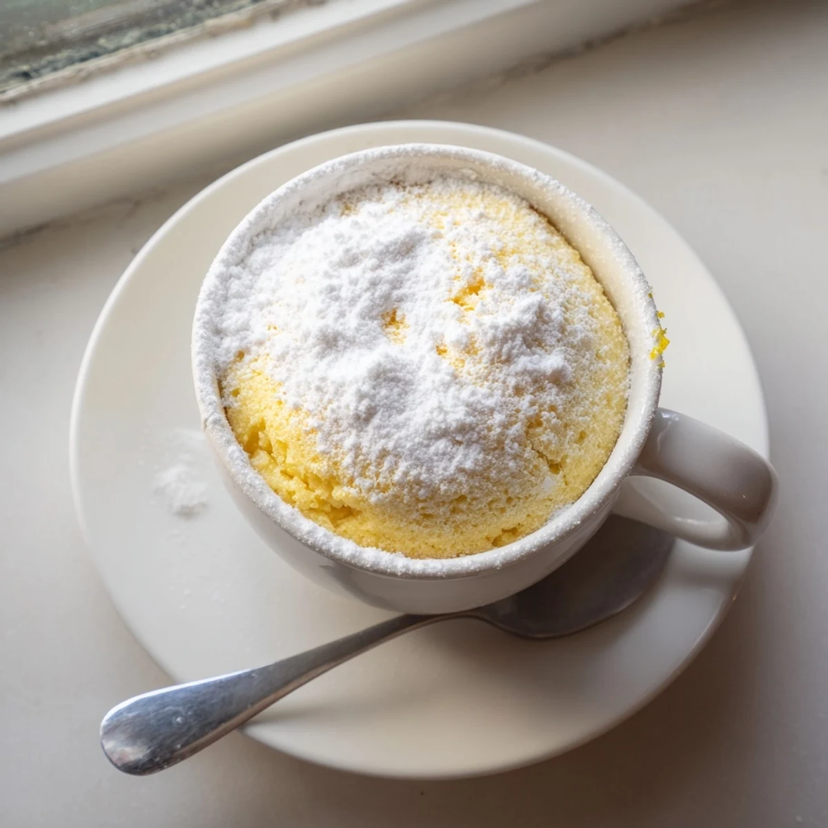 A close-up of a fluffy Lemon Cottage Cheese Mug Cake with a light yellow crumb and lemon zest garnish.  
