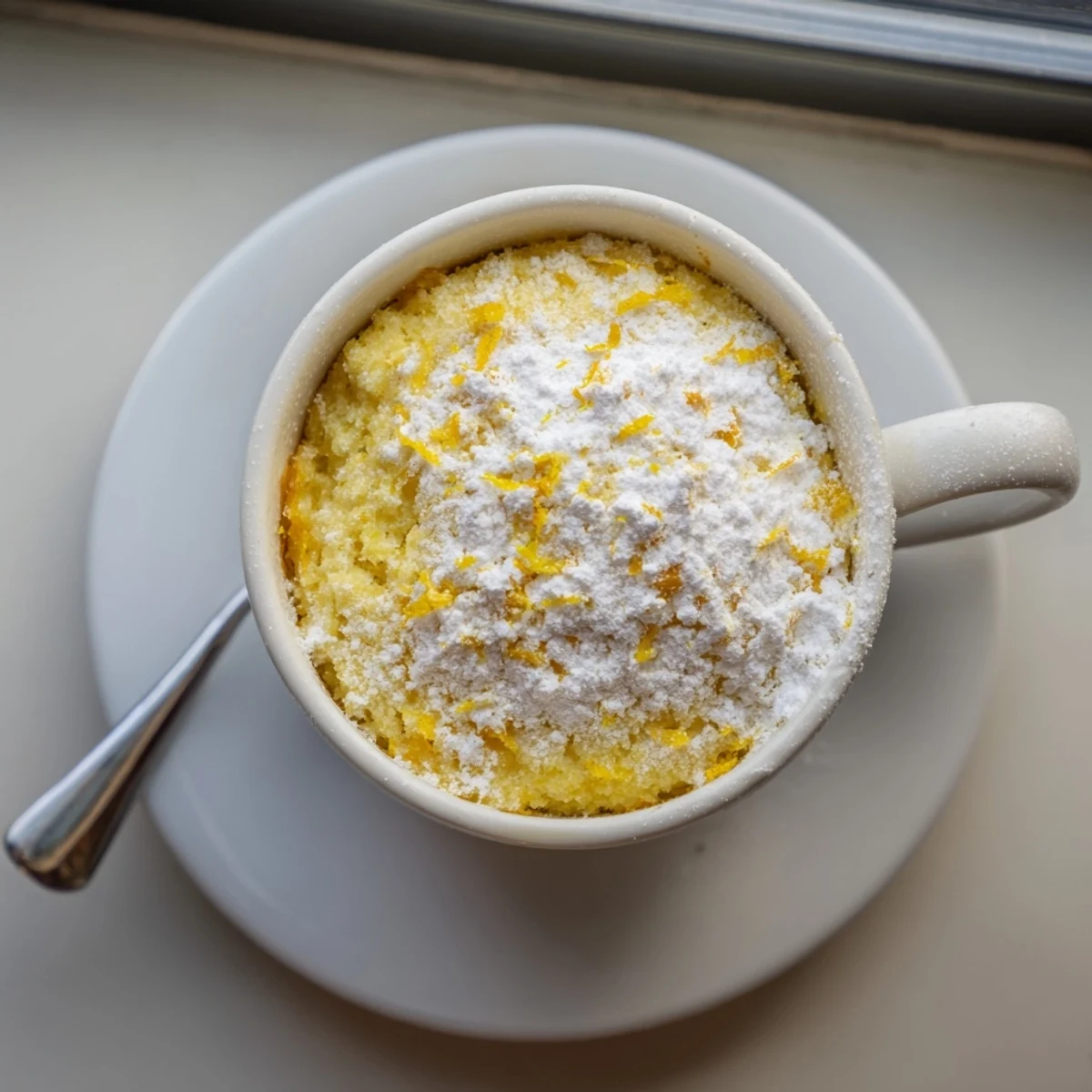 Freshly microwaved Lemon Cottage Cheese Mug Cake topped with a dollop of yogurt and powdered sugar.  