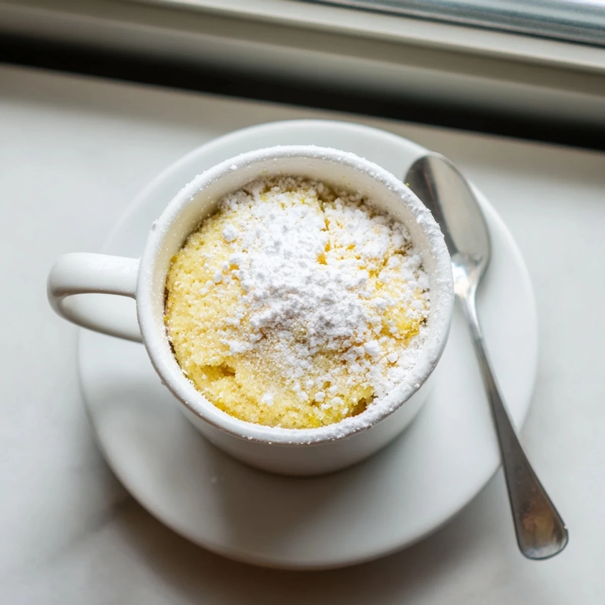 Steamy Lemon Cottage Cheese Mug Cake in a white mug, showing its moist texture and tangy lemon flavor.