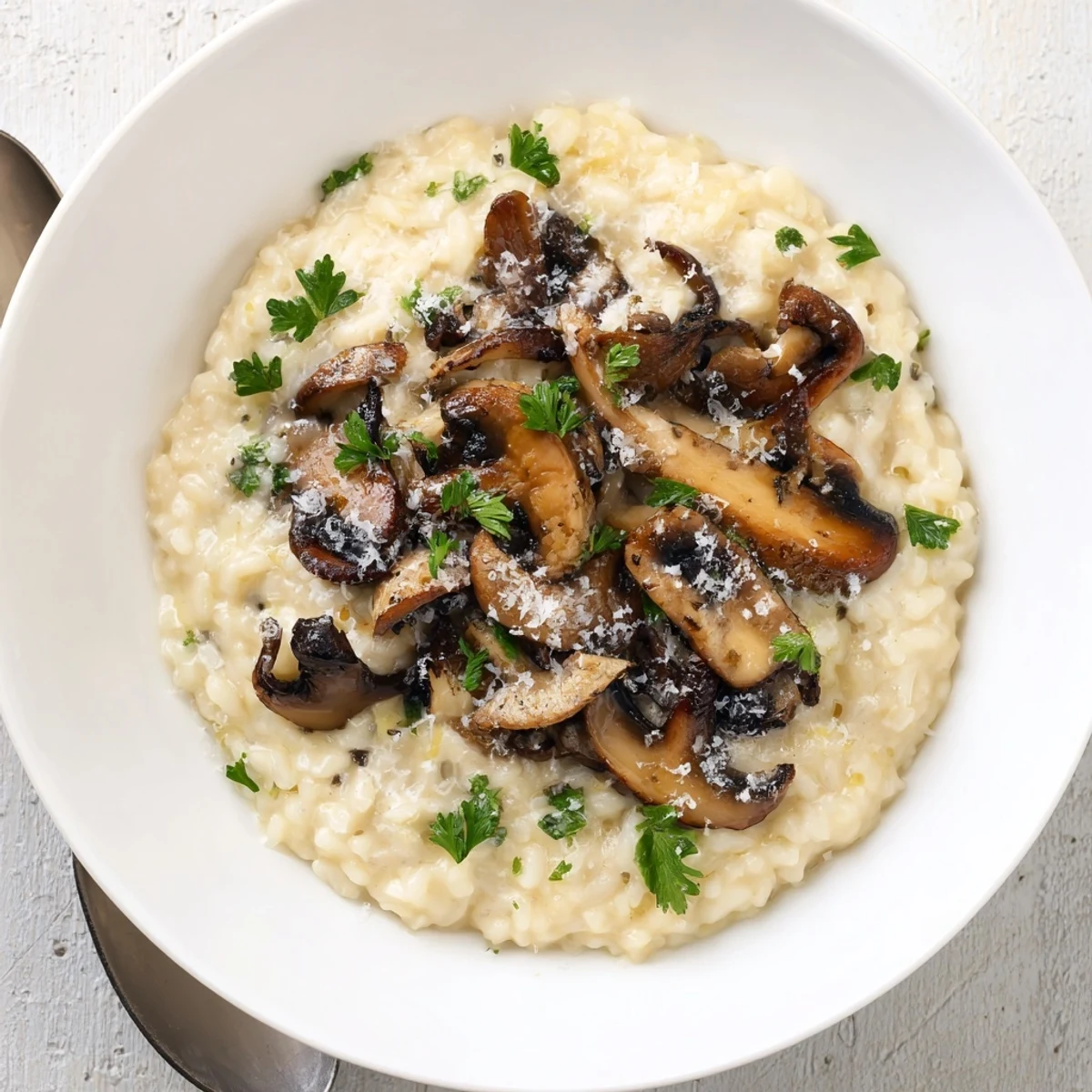 Freshly sautéed earthy mushrooms and creamy Parmesan risotto served hot in a shallow bowl.