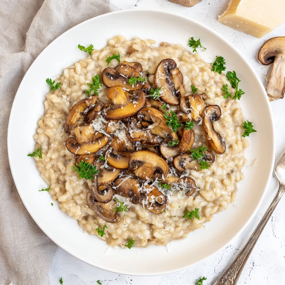 Hearty Creamy Mushroom Risotto garnished with fresh parsley and extra grated Parmesan cheese.