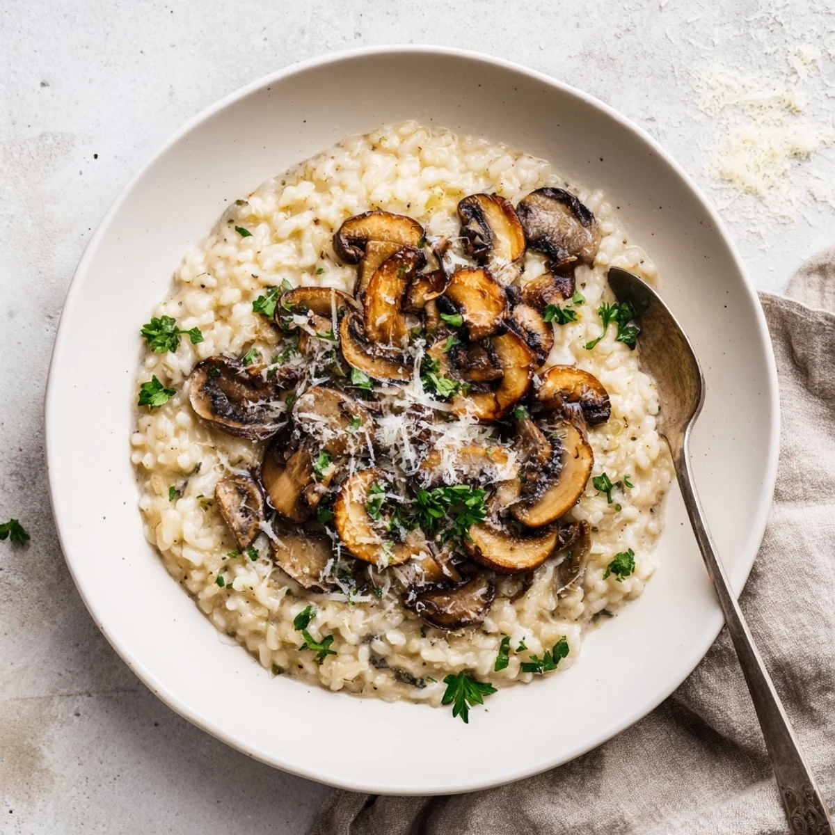 Steaming Italian risotto with mushrooms and cream in a rustic pan for family dinner.