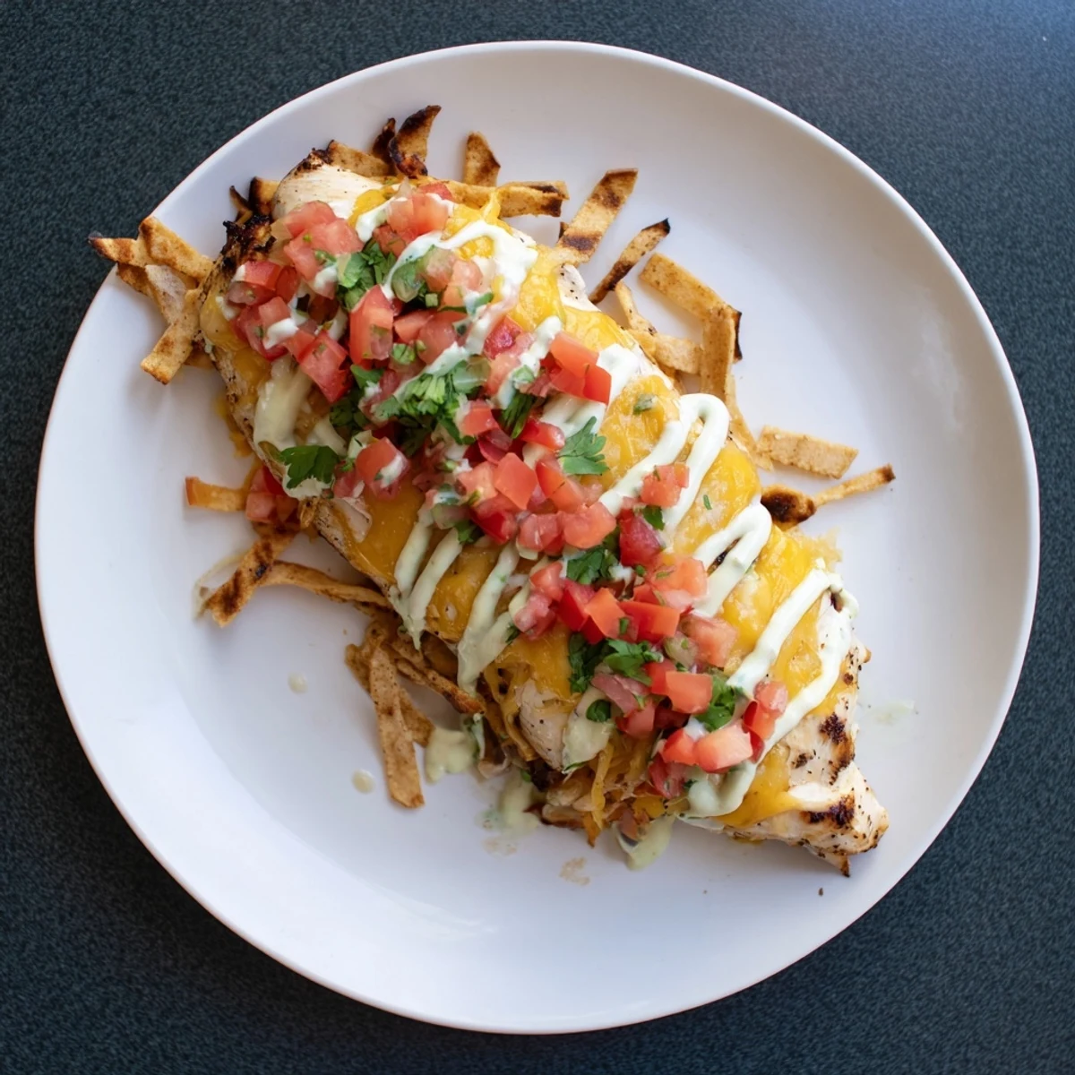 Fiesta Lime Chicken rests on a white plate with melted cheese and fresh pico de gallo.
