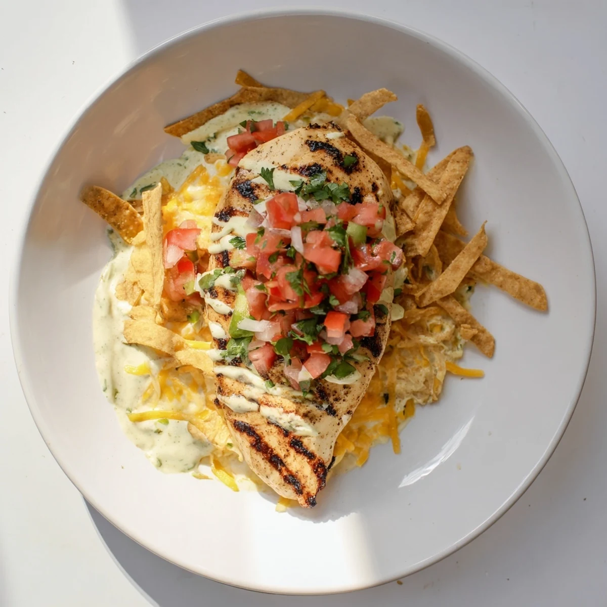 A close-up of Fiesta Lime Chicken showcasing tangy Mexi-ranch sauce and crispy tortilla strips.