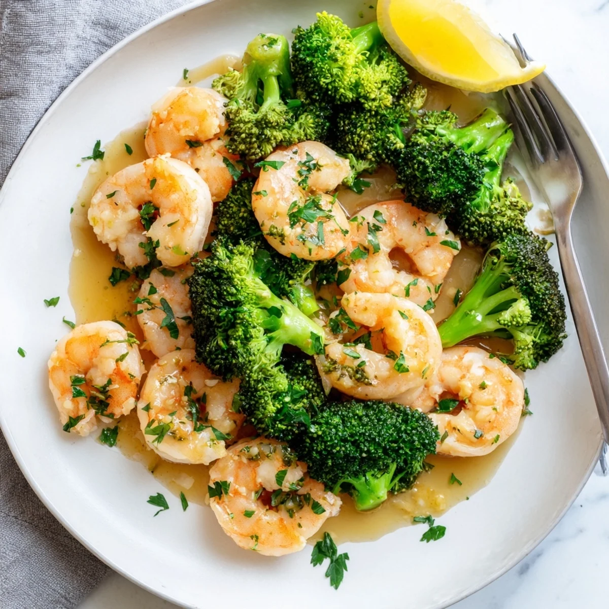 Glossy honey garlic butter shrimp and bright broccoli florets piled high on white rice, garnished with parsley and lemon wedges.