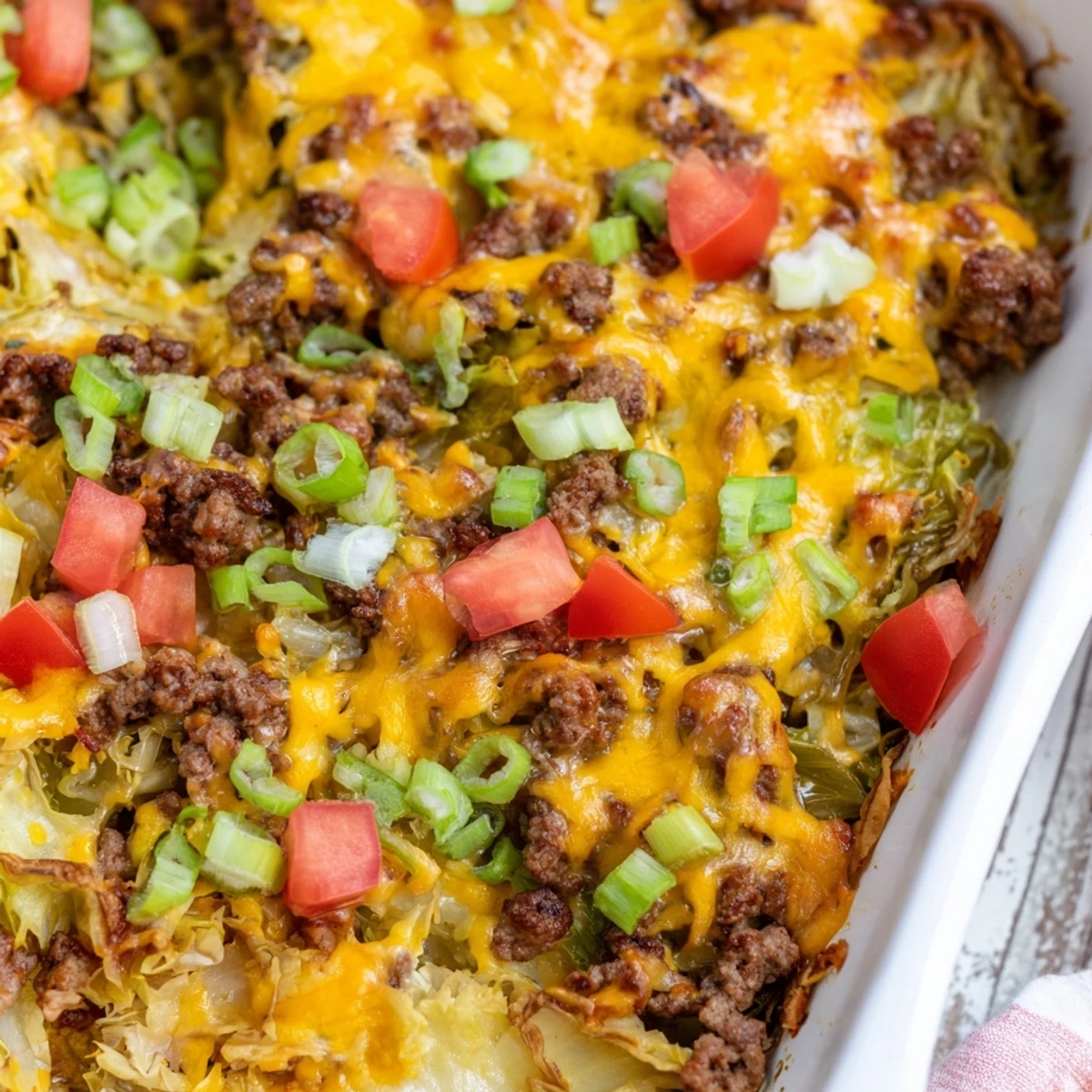 Golden roasted cabbage layers over savory ground beef with melted cheddar, ready for a hearty Easy Crispy Cabbage Burger Bake.
