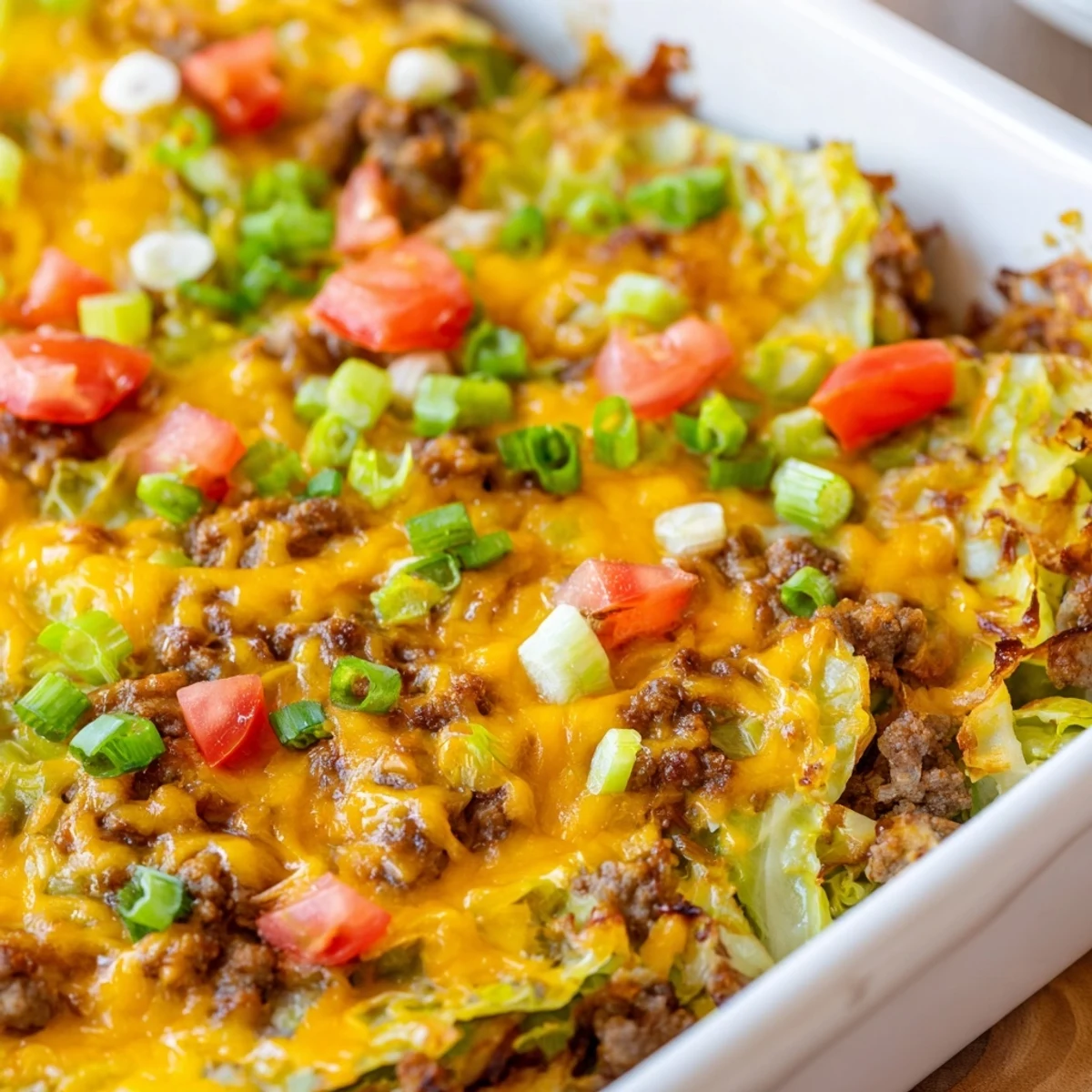 A close-up view of the Easy Crispy Cabbage Burger Bake casserole, featuring bubbly cheese and crispy cabbage edges on a warm serving dish.