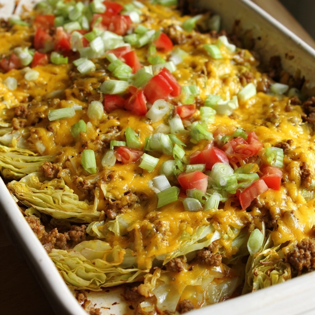 Easy Crispy Cabbage Burger Bake served with fresh green onions and sesame seeds, a low-carb twist on classic American burger flavors.