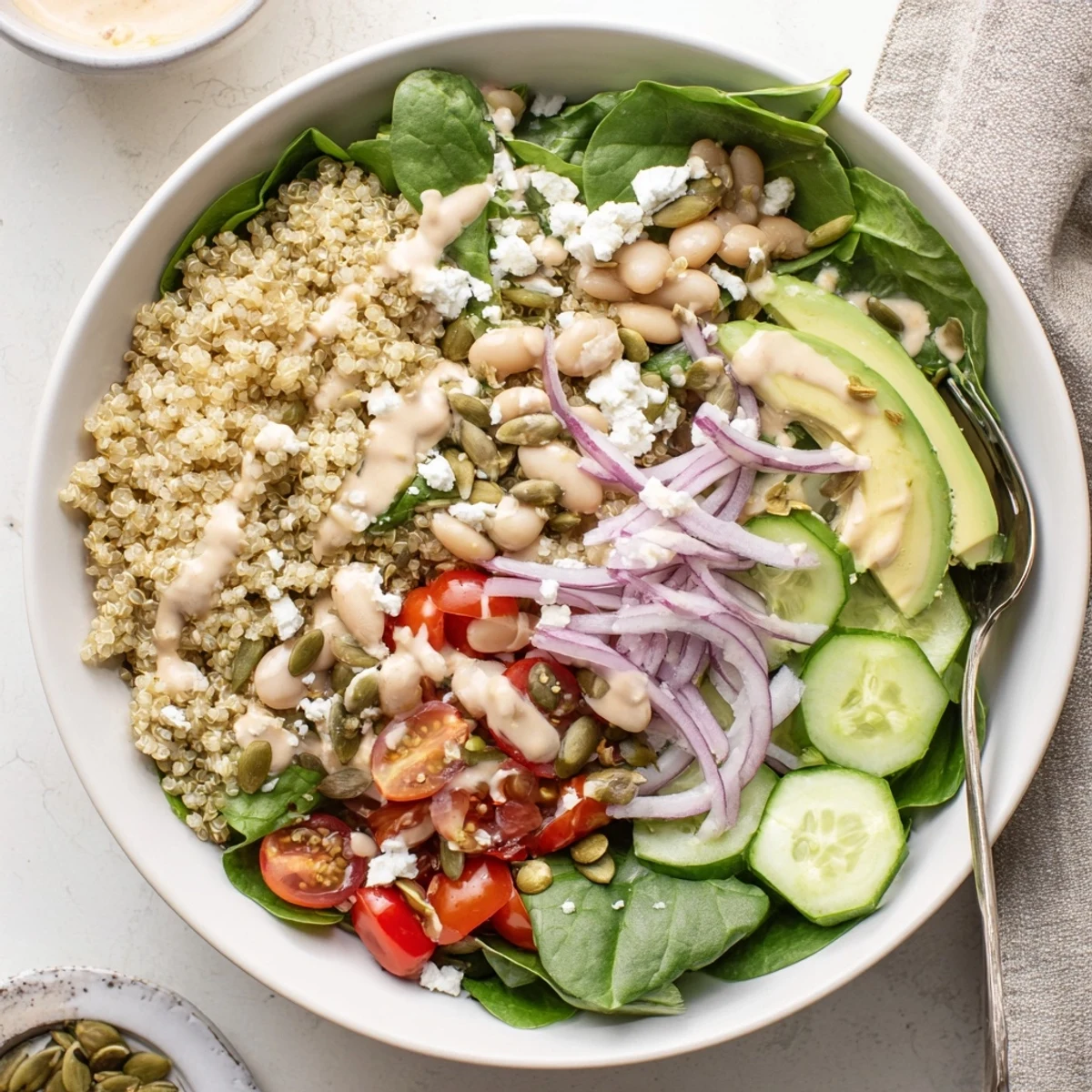Tangy lemon-tahini dressing drizzles over the Spinach & White Bean Ultimate Protein Power Bowl for a bright, savory finish.