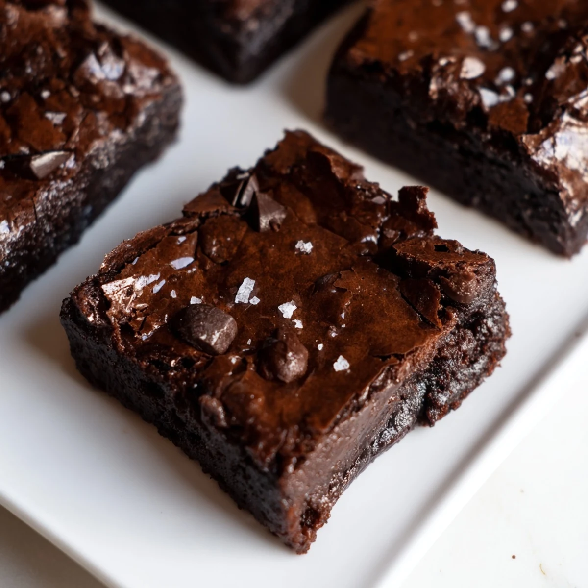 Warm, freshly baked Fudgy Brown Butter Mochi Brownies with a rich chocolate glaze and chewy texture, displayed on a white marble counter.
