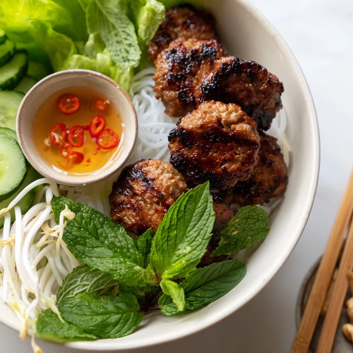 A close-up of Bun Cha Hanoi with grilled pork patties and noodles beside fresh herbs and cucumber slices.