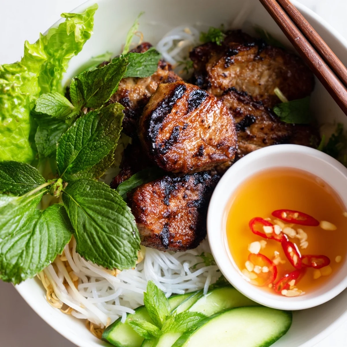 Top-down view of Bun Cha Hanoi featuring pork slices, lettuce, bean sprouts, and lime wedges.