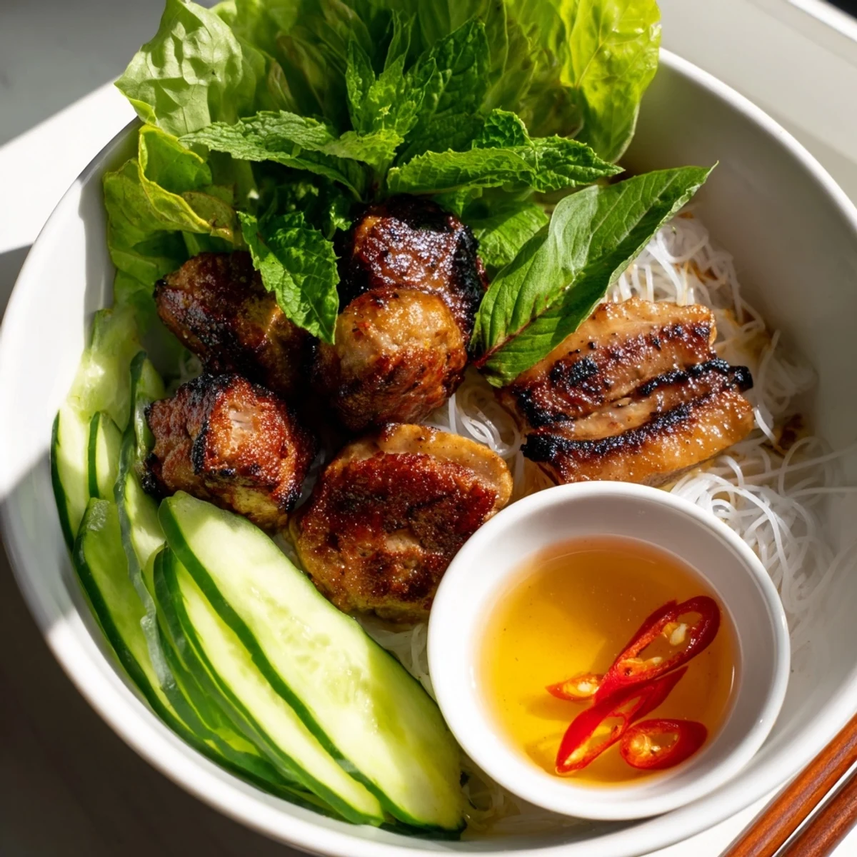 Sizzling Bun Cha Hanoi served with vermicelli, herbs, and a small bowl of tangy nuoc cham sauce.