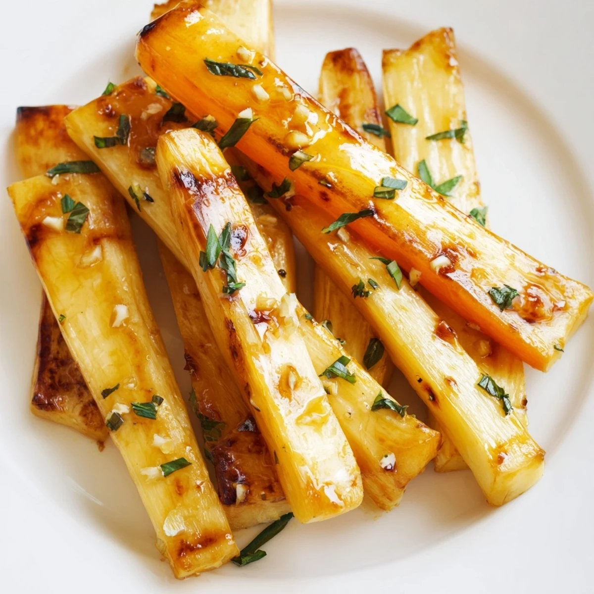 Honey-roasted Tarragon and Honey Parsnips and Carrots glisten, their caramelized edges catching the light on a rustic wooden plate.