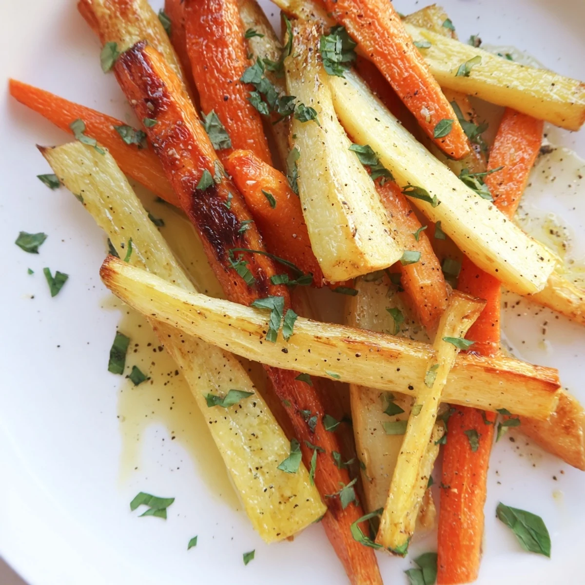 Fresh parsley garnishes the warm Tarragon and Honey Parsnips and Carrots, served alongside a golden roast chicken for a complete meal.
