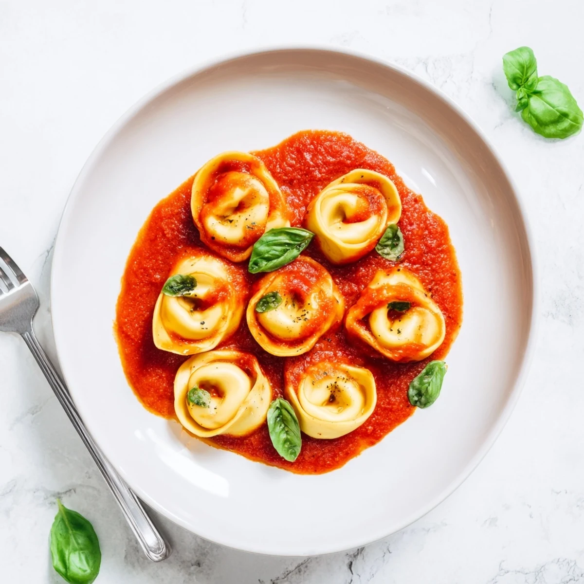 Warm Mozzarella Tortellini is served in a bright, homemade tomato sauce, garnished with fresh basil leaves and a sprinkle of Parmesan cheese.