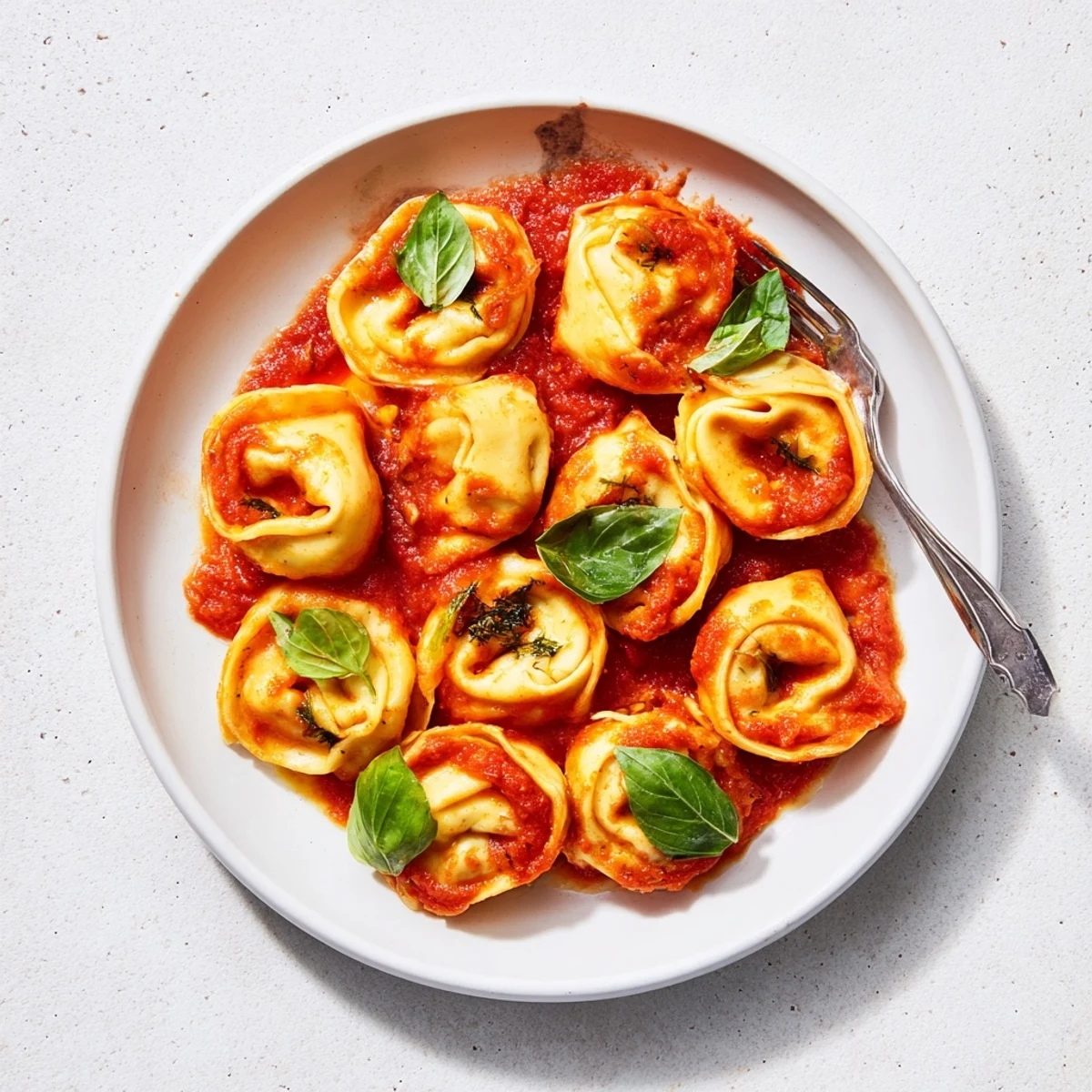 Plump Mozzarella Tortellini rests in a rich red tomato sauce, with a golden forkful ready to enjoy for a cozy weeknight dinner.