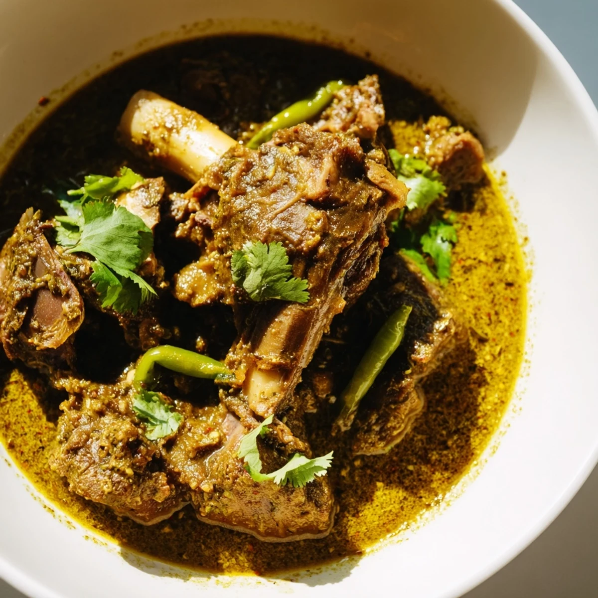 Sri Lankan Lamb Shank Curry served over rice with naan and a spoon of sauce.