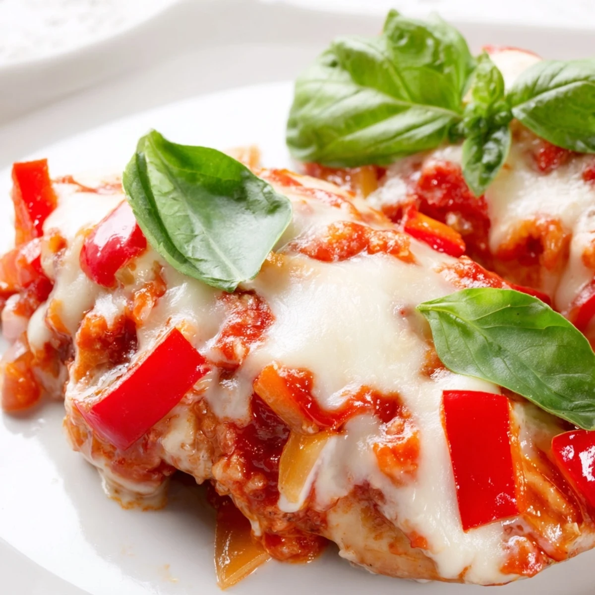 Golden-browned chicken breasts simmered in a rich tomato and herb sauce topped with melted mozzarella.