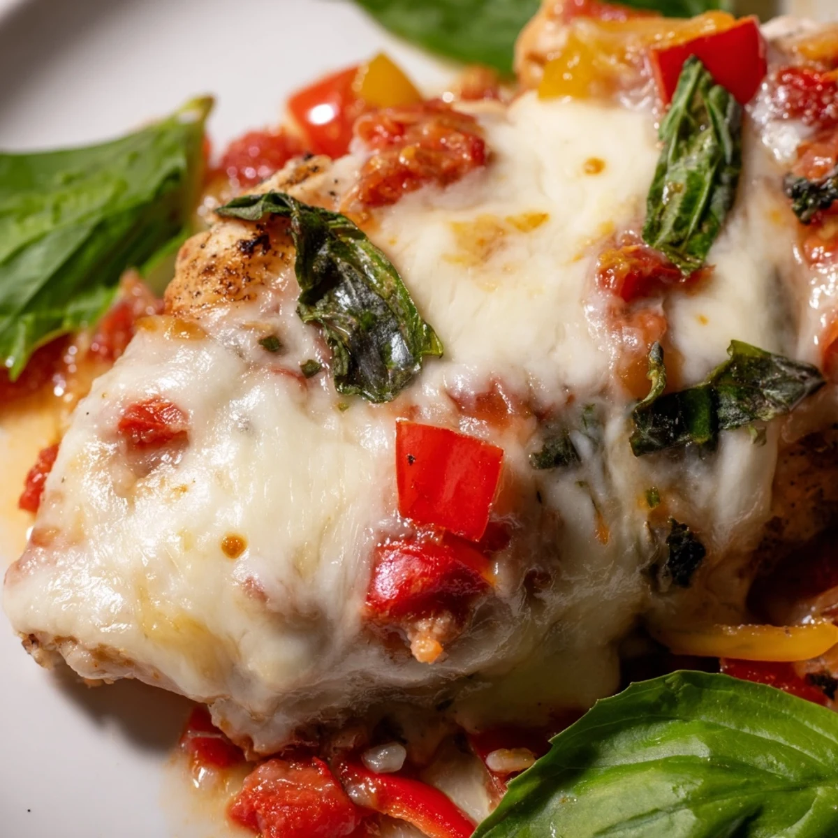 A close-up view of juicy Italian Style Chicken with bubbling mozzarella and a fragrant red sauce.